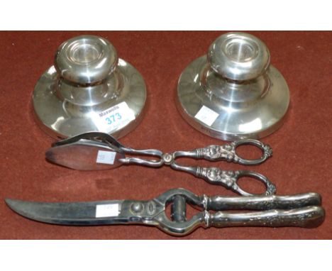 A pair of 1930's Norwegian candlesticks, diameter 4¾"; a pair of secateurs; another item