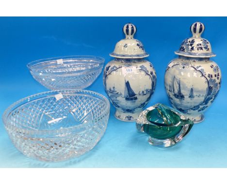 A pair of mid-20th century Delftware covered vases; 2 cut glass bowls; a Scandinavian glass ashtray, signed