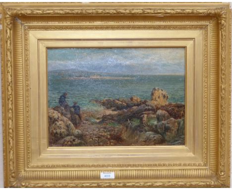 A.R. Carpenter:  Coastal seascape with figures on rocks, oil on canvas, signed, 11" x 14½", (a.f.)