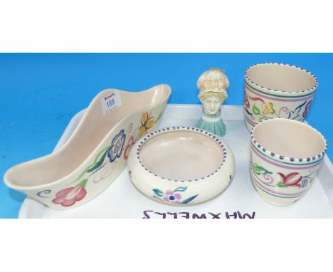 A Royal Worcester candle snuffer "Mob Cap"; 4 pieces of 1950's/60's Poole pottery