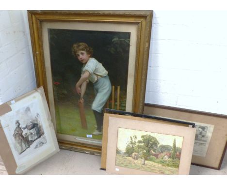 A Pear's vintage cricket print:  "Captain of the 11", framed and glazed; S. Darn:  19th century watercolour with hay cart and