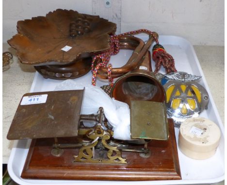 A Japanese ivory trinket box; a pair of postage scales; a military bugle; etc.