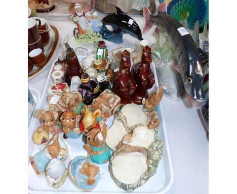 A large Gemma lustre pottery fish; a Poole dolphin; a Yardley soap dish; Pendelfin figures; miniature china