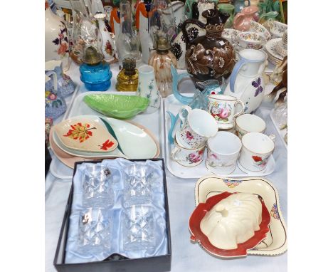 Three coloured glass oil lamps; a boxed set of Edinburgh Crystal; Carltonware items; other decorative glass and china