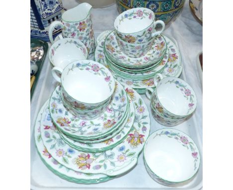 A Minton 'Haddon Hall' part dinner and tea service comprising 6 dinner plates, 8 side plates, 8 cups and saucers, 2 bread & b