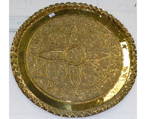 A large Middle Eastern brass tray; a hunting horn; table bell; etc.