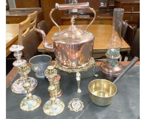 A 19th century copper kettle; a copper oil lamp; a pair of Gothic brass candlesticks, inset turquoise; etc.