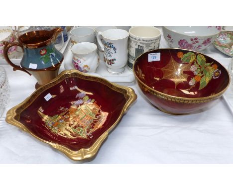 Two Carltonware Rouge Royale dishes with chinoiserie decoration; a lustre jug