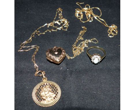 Two 9 carat gold pendants with fine link chains; another chain (a.f.); an opal dress ring, 15.8 gm gross weight