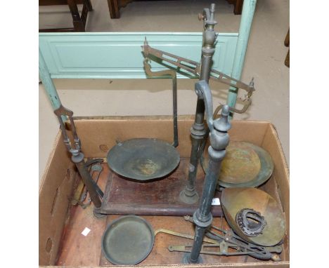 A 19th century brass 2 pan weighing scale with mahogany plinth; 2 others (incomplete)