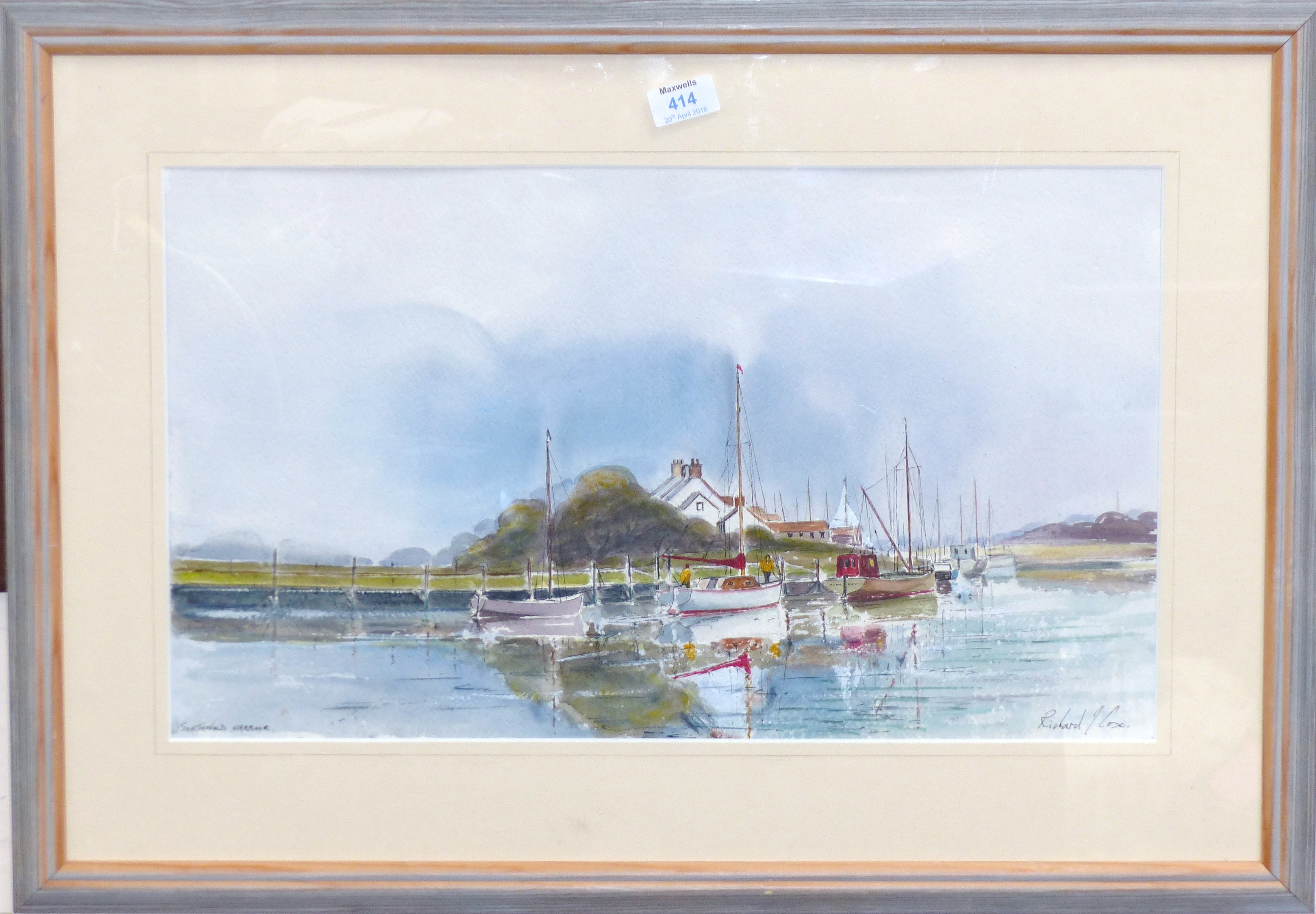 Richard J Cox "Southwold Harbour", watercolour, 13" x 22", framed and