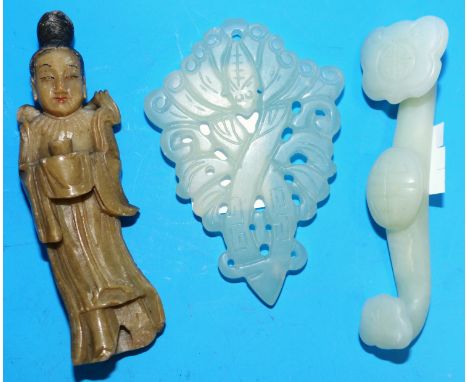 A jade coloured hardstone ruyi sceptre, length 3¼"; a similar pierced pendant carved with a bat; a hardstone figure of a fema
