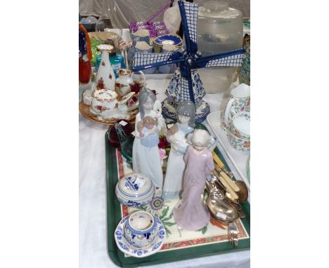 Two Wedgwood glass paperweights; a Delft windmill lamp; a selection of decorative china; a Royal Doulton figure:  Birthday Gi