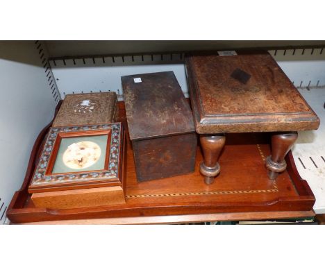 A 19th century mahogany footstool, 10"; an inlaid tray; an oak tea caddy; 2 other boxes