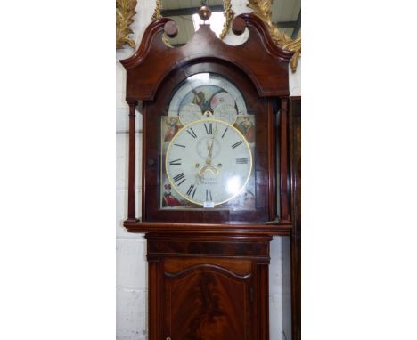 An early 19th century figured mahogany inlaid longcase clock by F. Walker, Maryport, the hood with swan neck pediment and squ