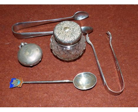 A silver fob sovereign case; 2 other silver items EPNS wares; a Waterford crystal clock