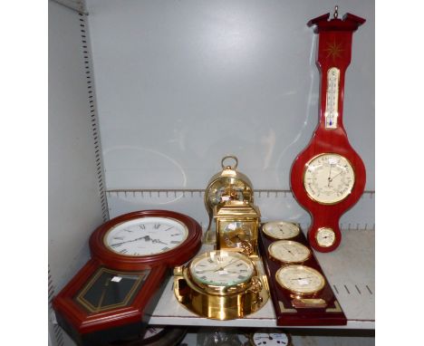 A reproduction wall clock; 2 mantel clocks; 2 barometers