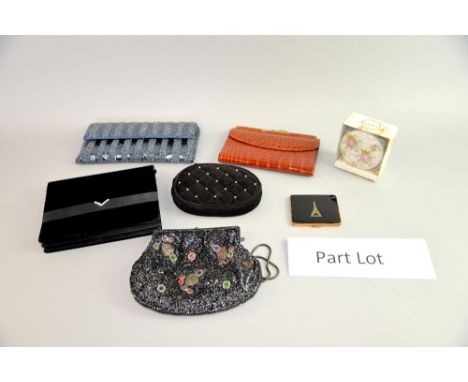 French compact with Eiffel Tower design, Kigu Compact and another compact, 3 clutch bags, 3 fountain pens and a ball point pe