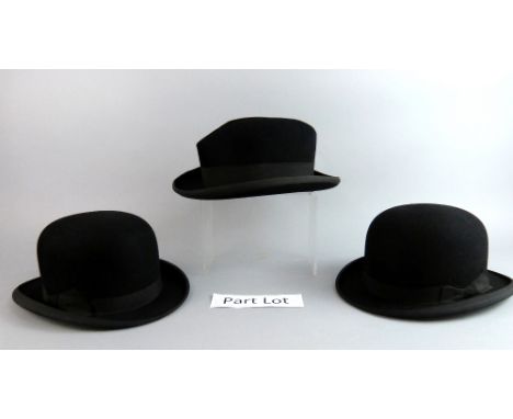 Collection of hats including top hat, bowlers, trilby and a solar topee.     