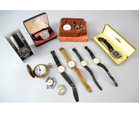 Collection of wrist watches including two Casio's, three Timex, Ingersoll, two pocket watches and two other quartz watches wi