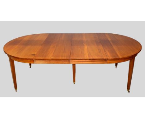 Early 20th century mahogany D-end dining table with line inlaid decoration, on square tapering legs and castors, with two ext