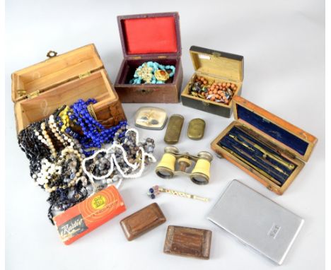 Collection of costume jewellery and other items, bead necklaces, enamel brooches, fighter squadron royal air force brooch, cu