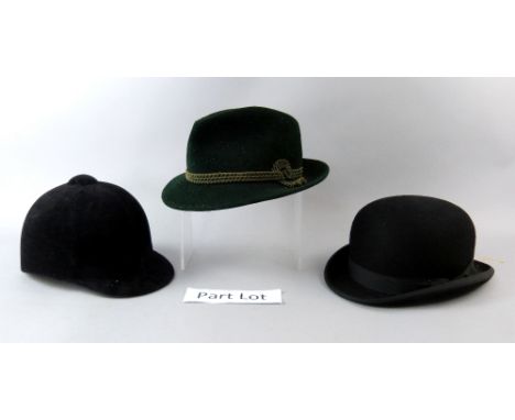 Bowler hat, riding hat, tyrolean hat and a boxed set of Gallenkamp weights.     