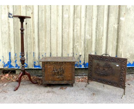 Brass coal box, fire screen and a mahogany jardinière stand .     