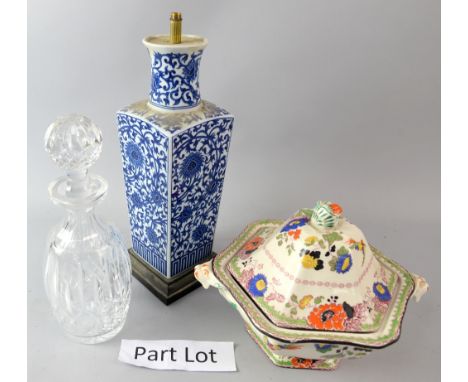 20th century Chinese blue and white lamp base and other decorative china and glassware.     