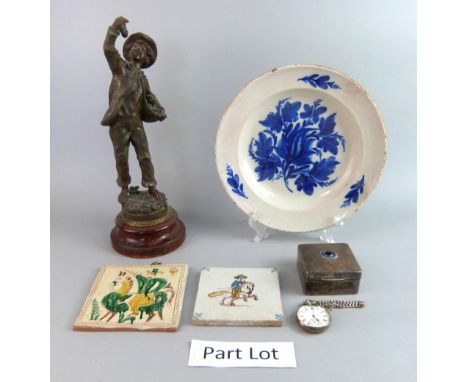 After Rousseau, Dernieres Fraises, spelter figure, musical cigarette box, lucite cigarette case, ceramic tiles, horn dish, pa