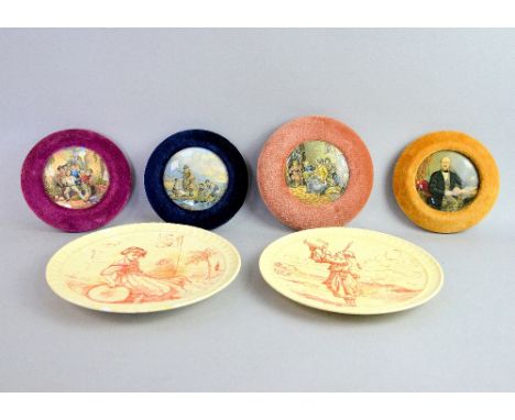 Pair of Victorian hand painted decorative plates, signed underneath TVL 1869 and 1870, and four framed ceramic tiles depictin