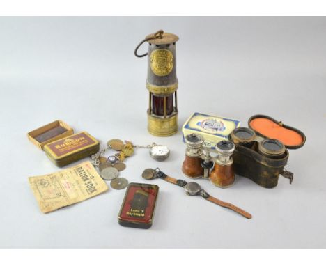 Ackroyd & Best Limited Miner's lamp, silver cased wrist watch engraved Sapper, A, Agutter R. E., two pairs of opera glasses, 