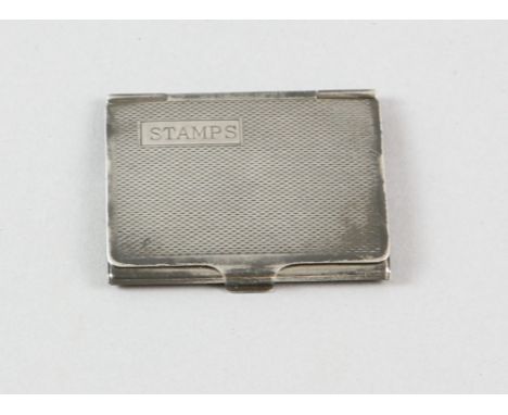 Engine turned silver stamp case, patent applied for makers WBG, Birmingham 1941.     Surface marks, bruises, scratches and we