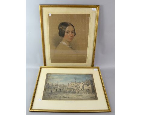 Pastel portrait of a young woman and a 19th century watercolour, (2).     