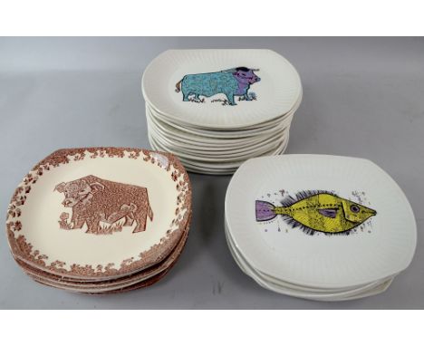 Washington Pottery English ironstone 'Aquarius' Fish Series plates, set of six, 'Beefeater' English ironstone plates, set of 
