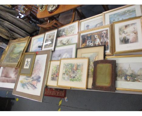 Pictures to include a brass plaque with text in an oak frame, a Lithograph of a Peregrine Falcon, oil paintings and prints to