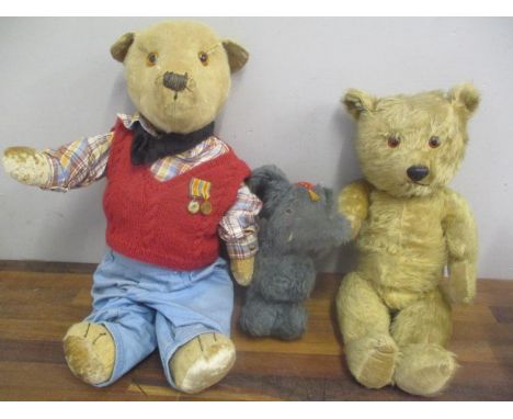 Three stuffed cuddly toys to include a 1950s Chiltern Bear, a 1930s bear possibly Chiltern and an elephant 