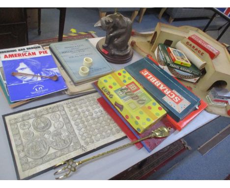 A mixed lot to include an 18th century Valentine Green framed plate, a table lamp in the form of a cat, mixed board games, mu