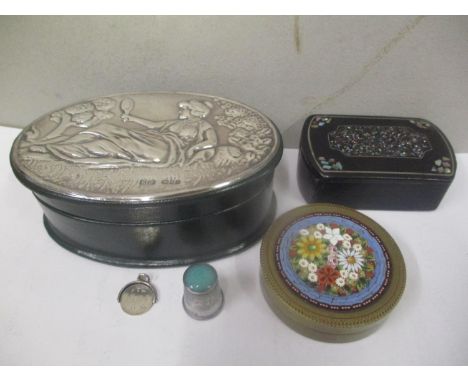 Boxes to include a 19th century papiermache snuff box, a micro mosaic lidded brass box, a silver lidded leather box, a silver