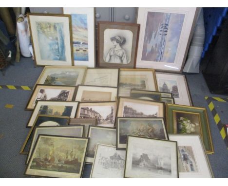 Mixed pictures to include Andrew King - watercolour depicting a beach scene, a sketch portrait signed J F Snell and others 