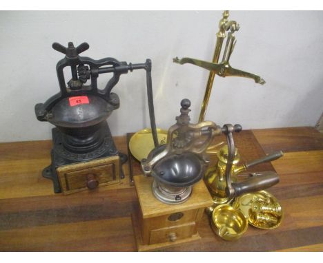 A mixed lot to include two coffee grinders, weighing scales and other items 