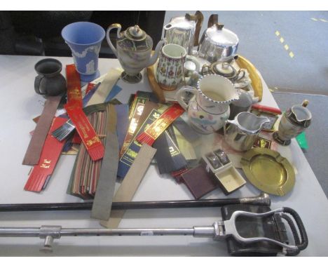 A mixed lot to include a silver topped walking stick, a pair of silver napkin rings, Wedgwood Jasperware vase, Picquot ware a