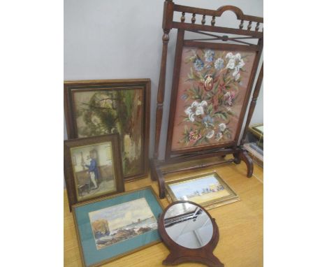 Victorian and Edwardian items to include a fire screen, a mahogany framed mirror, a rural scene oil on canvas, a beach scene 