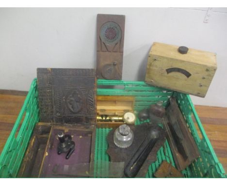 Treen to include a carved box, two students microscopes, an ammeter, Magic Lantern slides and a desk stand 