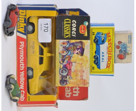 DIECAST; A collection of assorted vintage diecast to include a Dinky 278 Yellow Cab (within the original display box), A Corg