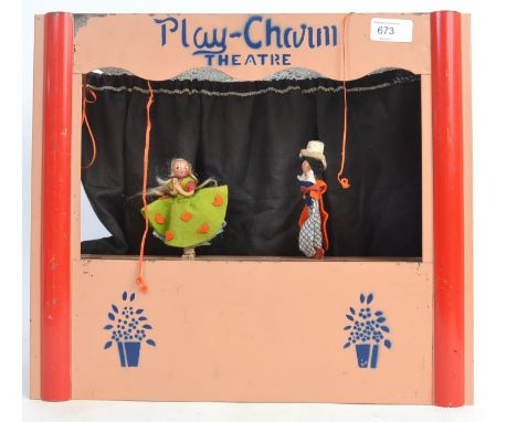 TIN PLATE THEATRE: A vintage ' Play Charm ' tinplate folding childs puppet theatre - complete, along with 2x puppets. 
