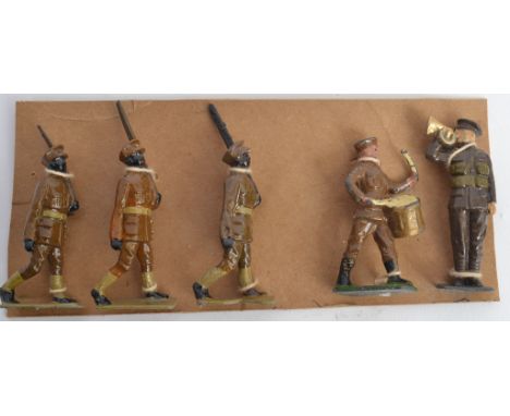 JOHILLCO: A set of 3x c1935 Johillco Abyssinian Infantry lead soldiers, along with a Johillco lead 13D Drummer and 13B Bugler