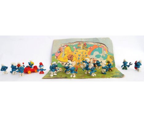 SMURFS: A good collection of vintage Peyo smurf figures, including a rare full set of BP ' Smurf - A - Collection ' figures x