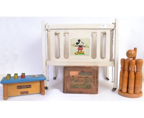 WOODEN TOYS: A collection of vintage wooden toys, comprising of a vintage Walt Disney Mickey Mouse childs / dolls wooden cot 