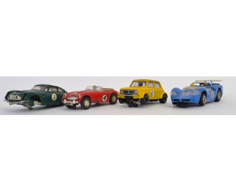 SCALEXTRIC; A collection of 4x loose vintage Scalextric slot racing cars, comprising of a Javelin, Mini 1275 GT, Austin Heale